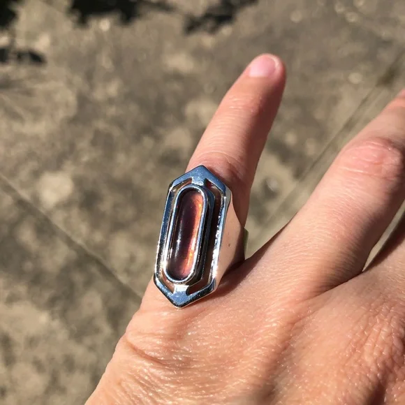 Silver Elongated Hexagon Ring with Peach Stone - Picture 14 of 15